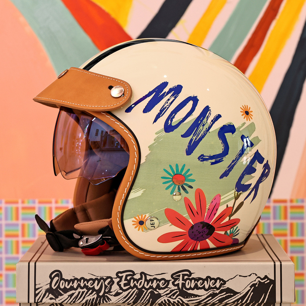 Motorcycle Helmet Taiwan JEF Retro Women, Cruiser Motorcycle Half For Men, 3C Four Seasons Cool Feeling Three-Quarter flip modular Helmet, Summer He