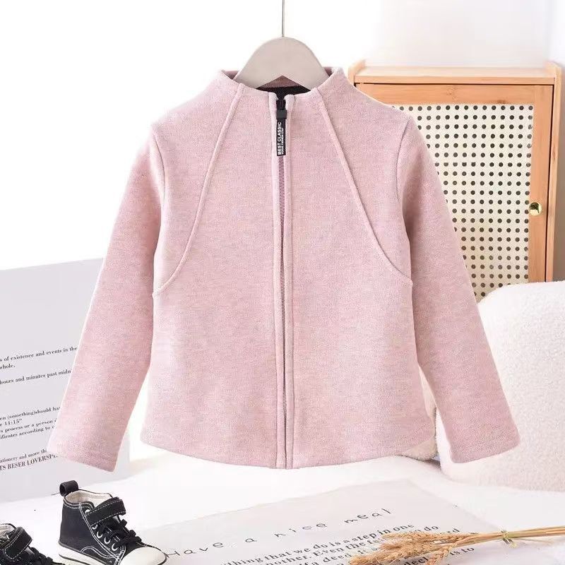 Autumn Winter Girls Stand Collar Fleece Sweatshirt, Solid Color Short Slim Sports Top, Thick Warm Kids Layering Undershirt for School Uniform Daily