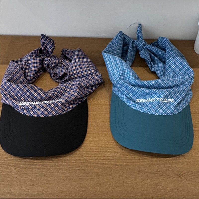 Korean Style Spring Summer Plaid Patchwork Baseball with Strap Headscarf Unisex Versatile Sunshade Photo Cap Duckbill Hat