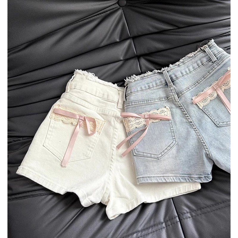 MEXZT Kawaii Bow Denim Shorts Women Cutecore White Lace Jeans Summer Fashion Streetwear Korean High Waist Hot Short Pants