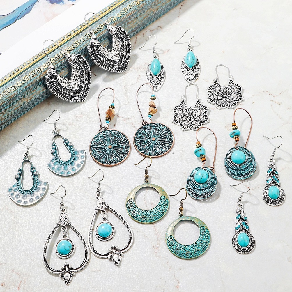 2026 Cross-Border Bestseller Earrings, European perfume And American Ins-Style Turquoise Earring Set, Bohemian Vintage c L2