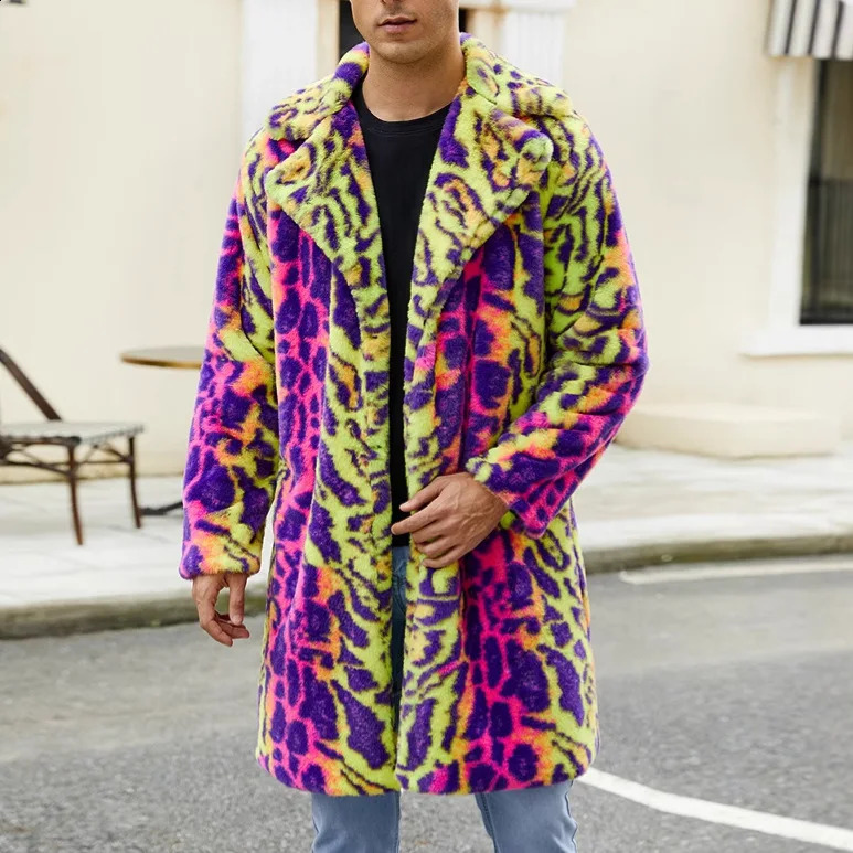 2025 Men Leopard Print Winter Jacket Cardigan Coat Warm Parkas Outwear Thick Faux Fur Plush Fleece Coats Multicolor Overcoat 261008