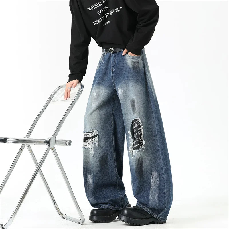 2026 Retro Ripped Print Washed Jean Trousers For Men Autumn Y2K Letter Graffiti Denim Pants Man Vintage Streetwear Fashion Jeans 261013