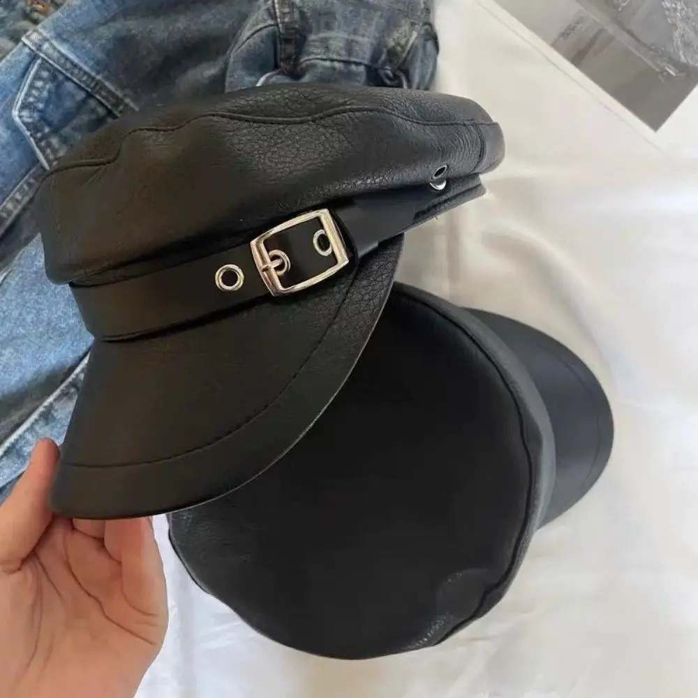 Autumn Versatile Beret Leather Retro Flat Top Visor Black Painter Hat Fashion Beret With Visor For Women Adjustable Beret Cap261016