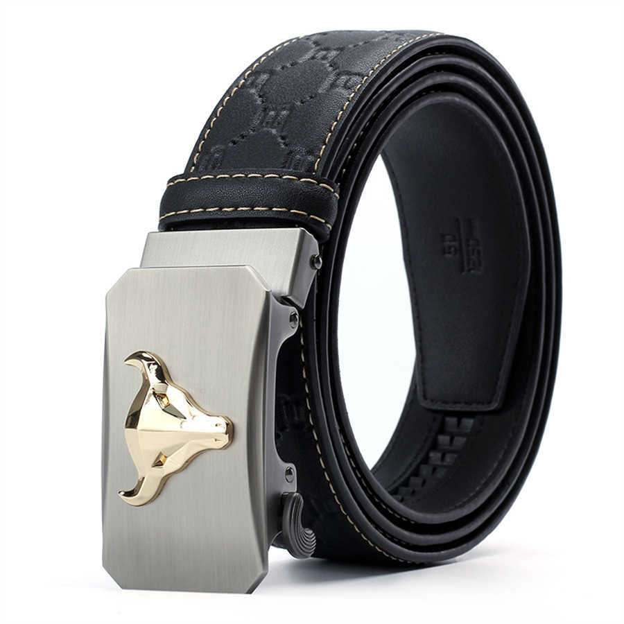 Luxury Designer Black Leather Belt Men Golden Bull Head Automatic Buckle Business Casual Jeans Strap Waistband