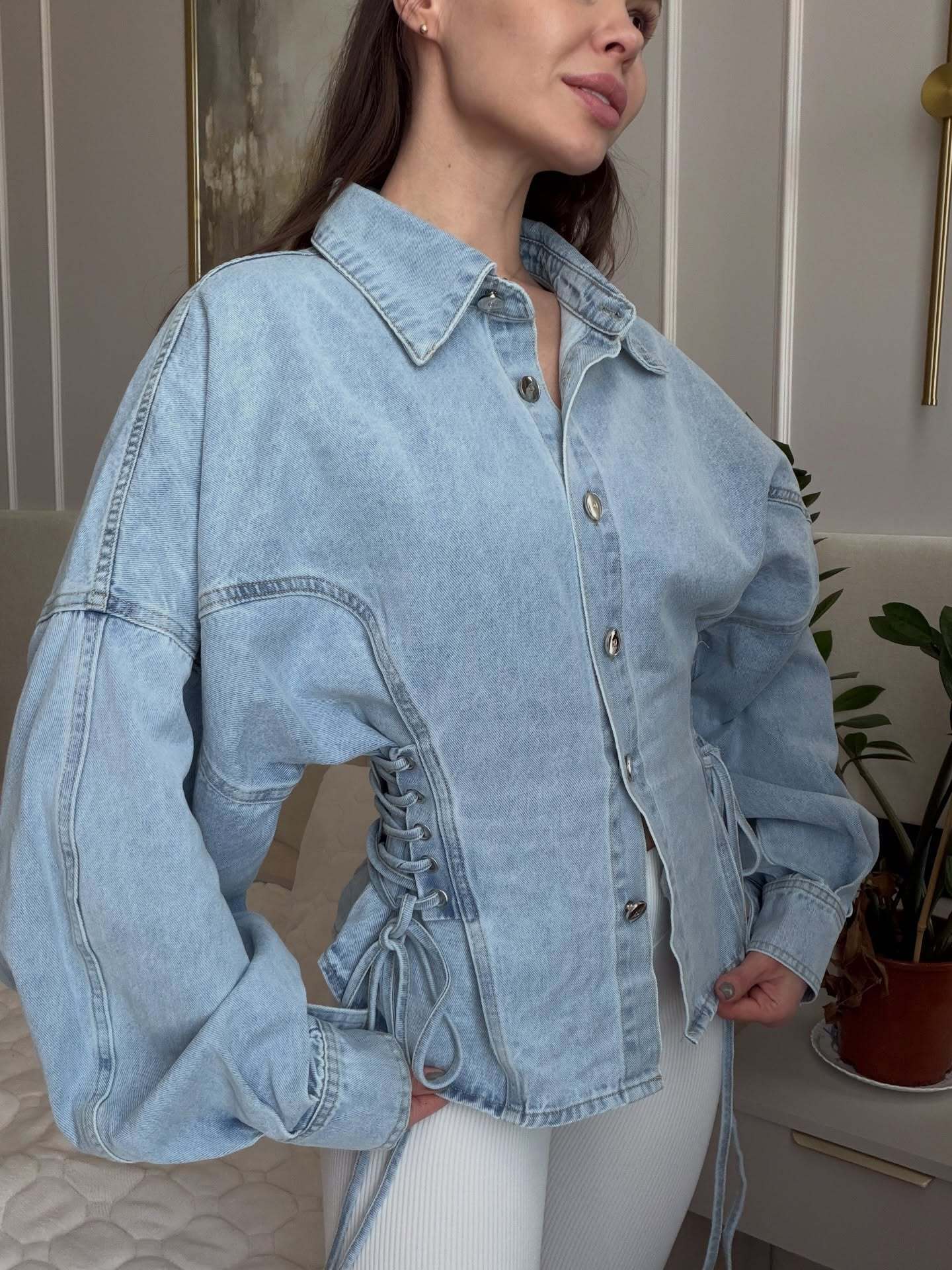 American-style F Spring New Collection: Retro Relaxed-Fit Washed Cotton Drop-Shoulder Oversized Denim Shirt for Women