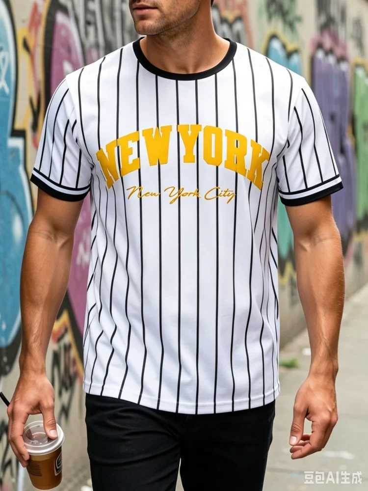 T-Shirts Men New York Men's City Vertical Stripe Baseball T-Shirt Classic City Letter Print Casual Streetwear Short Sleeve Crew Neck Tee TopsW2