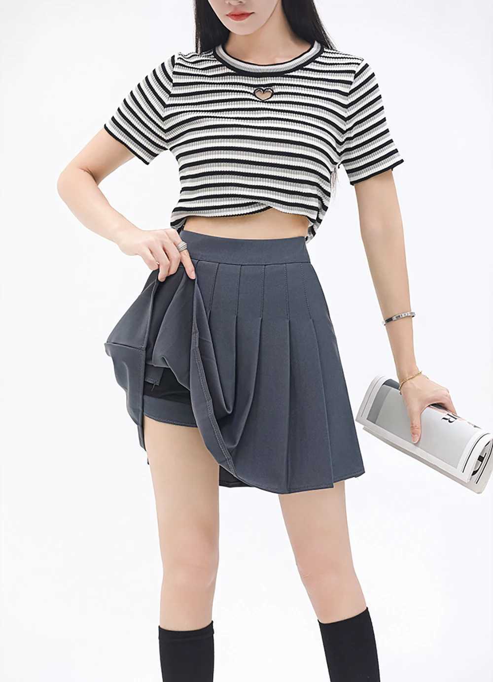 Waistband Skirts Elastic Pleated Skirt Preppy Style Skirt Casual Summer Fashion Sweet Hottie College JK Black Women Skirt W261017