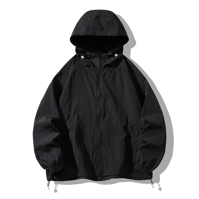 Summer Hooded Thin Jacket Men Waterproof Sun Protection Clothing Full Zipper Quick Dry Skin Black Windbreaker Coat 261009