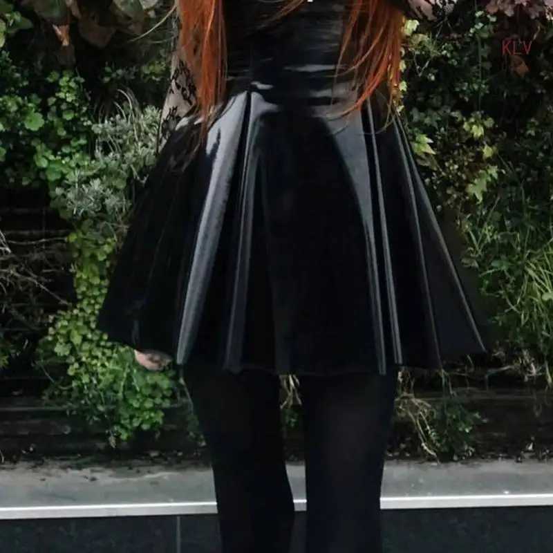 Casual High Waist Flared Skirts Mini Skirt Faux Leather Wetlook Pleated Skirt Black A Line Tennis Skirt for Women Gifts W261017
