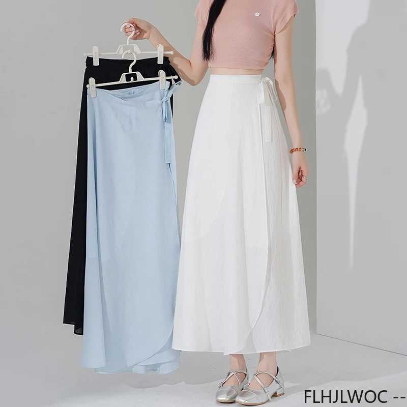Summer Korea Clothes Skirts Chic Women Cute Sweet s Solid Robe Holiday Date High Waist Retro Vintage Wrap One-Piece Lace-Up Skirts W261017