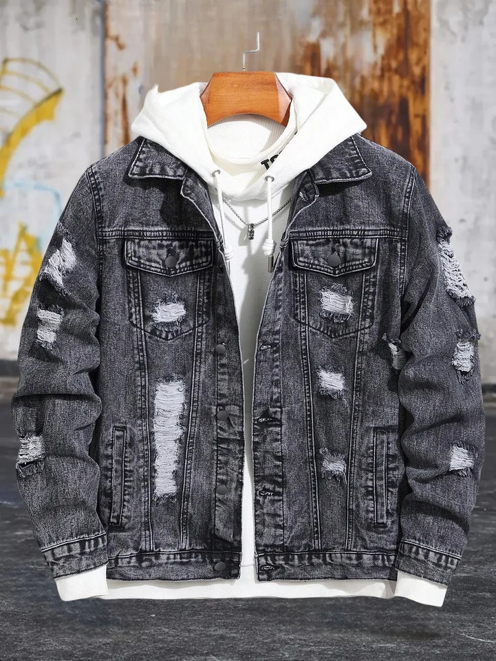 1PC Men's casual selling black distressed stoashed flight jacket daily American street fashion denim 261012
