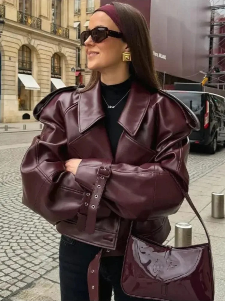 Vintage PU Leather Jacket Coat Women Buttons Lapel Long Sleeve Motor Bicycle Short Coats Cropped Jackets Retro Street Outerwear 261017