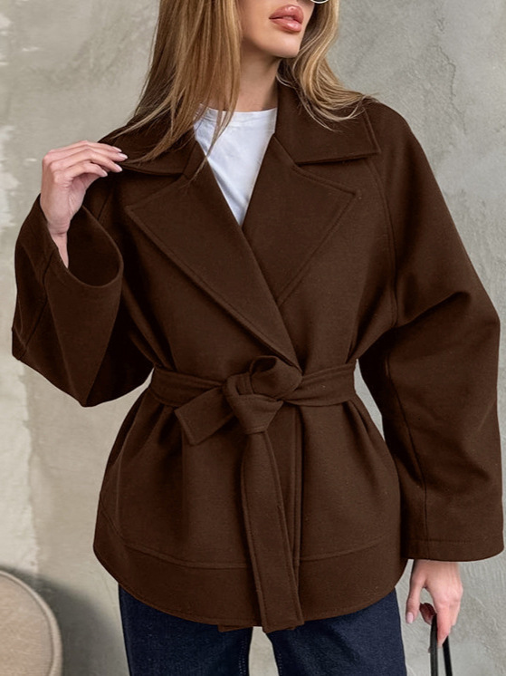 Women Autumn Winter New Woolen Blazer Notched Lapel Waist Cinching Adjustable Tie Elegant Sophisticated Soft Trendy Daily Street Outerwear For Ladie