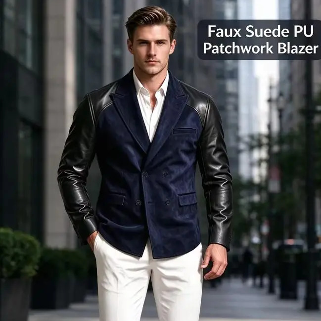 Men's Faux Suede Blazer PU Leather Splice Outerwear Business Casual Formal Party Streetwear Retro Windproof Biker Outlaw Jacket 261014