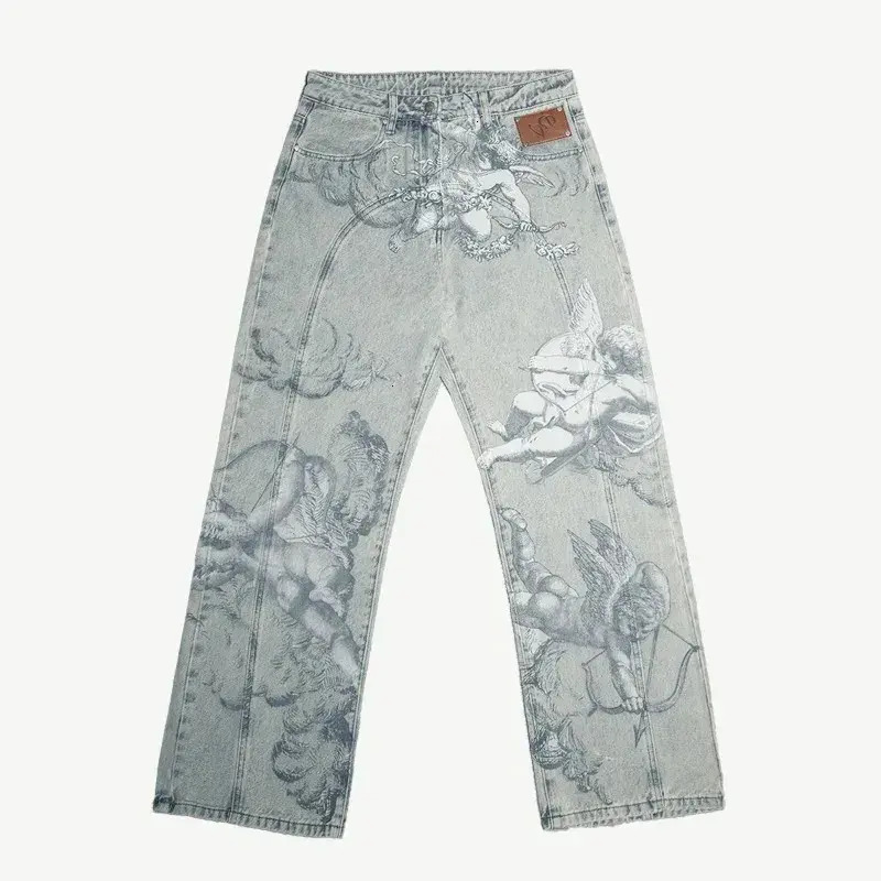Men Jeans Y2k Retro Baggy Jeans Trendy trousers Cupid Angel Pattern Men Women Pants American Hip Hop Streetwear Unisex Casual Straight Leg Denim Pan