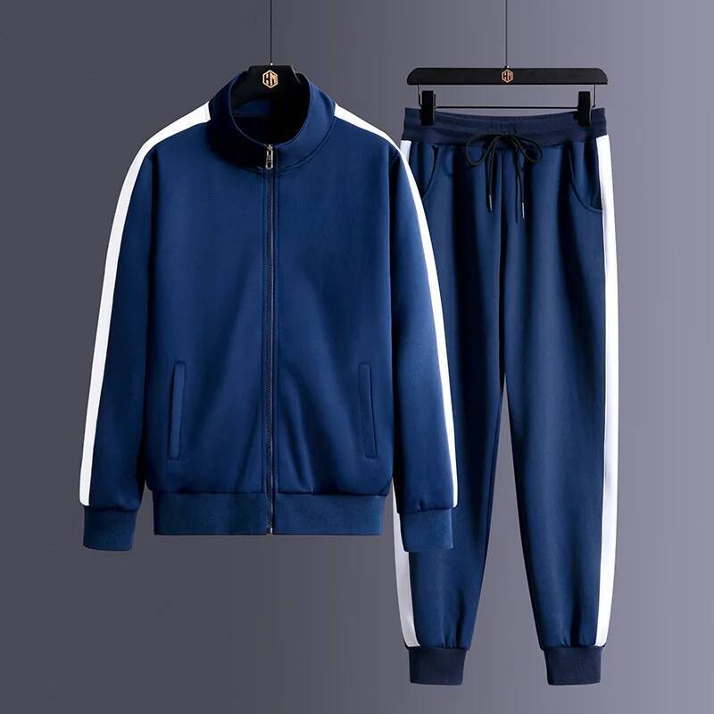 2025 Autumn Korean Tracksuit Men Zip Pocket Running Sets Striped Sporting Suit Jacket+ Sweatpants Jogging Fitness Clothing