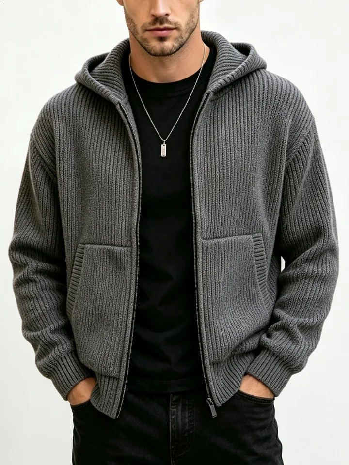 Men Full Zip Hooded Knit Cardigan Loose Ribbed Knitted Jacket With Pockets Long Sleeve Solid Color Streetwear Autumn Winter 261012