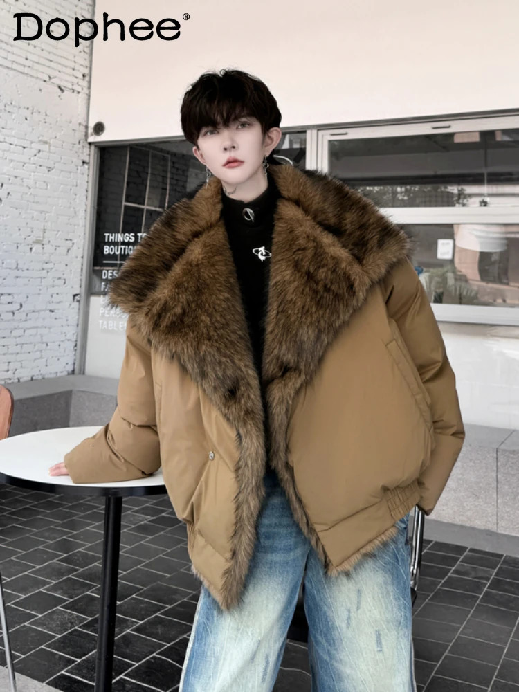 2024 Winter Clothing Male Chic Big Fur Collar Highend Thickened Padded Cotton Jacket Faux Trendy Loose Jackets 261012