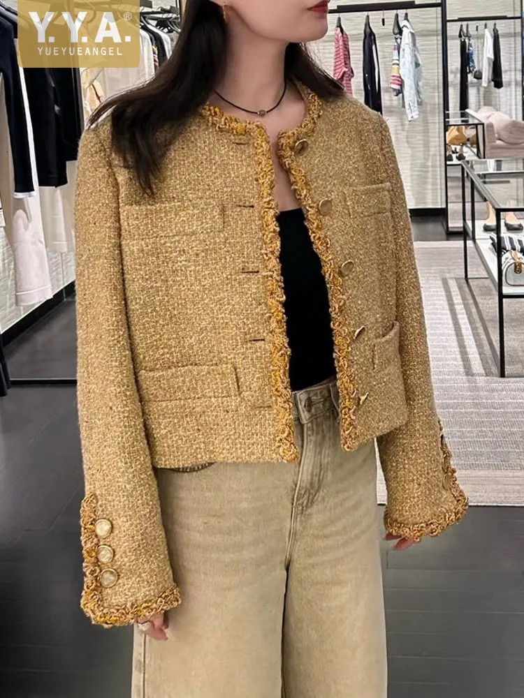 Elegant Lady Office Single Breasted O-Neck Tweed Solid Color Jacket Casual Outewear Long Sleeve Fashion n Women Short Coat 261014