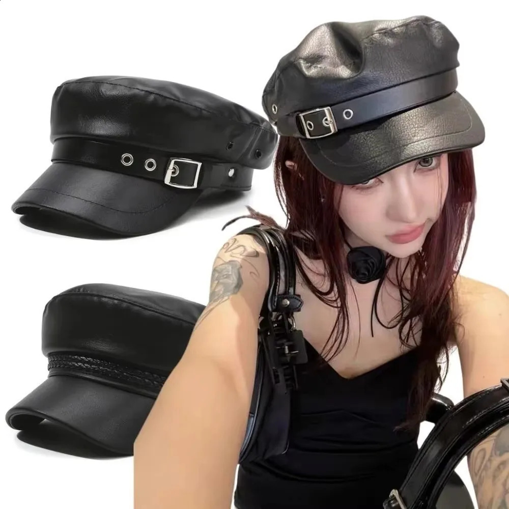 Classic Flat Top Beret Hat Black PU Leather Sailor Visor Hat Punk Style Adjustable Painter Hat261016