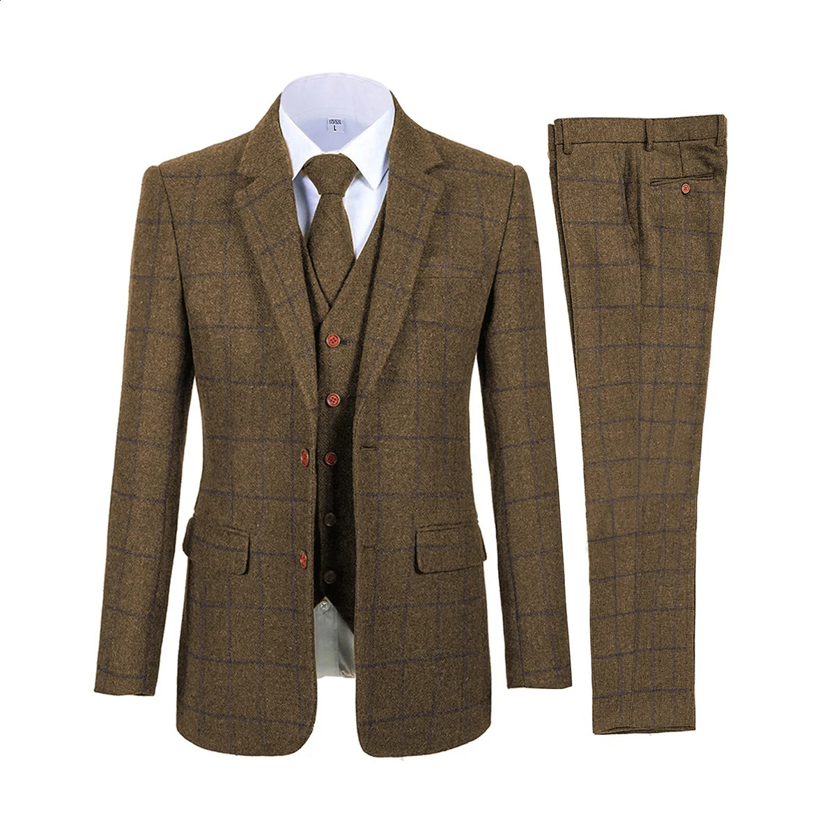 Brown Men Suits Plaid Tweed for Man Three Pieces Vintage Lapel Tuxedos Groomsmen Winter Wedding SuitBlazerVestPants 261012