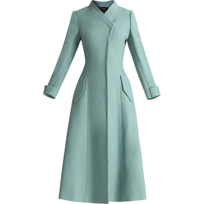 Winter Wool Coat England Style Green for Office Lady Pockets Windbreaker Vneck Jackets Trench Covered Button 261010