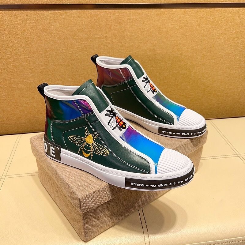 New High-top Plush Men's Genuine Leather Embroidery Bees Sports Luxury Fashion Lace-up Sneaker Running Shoes