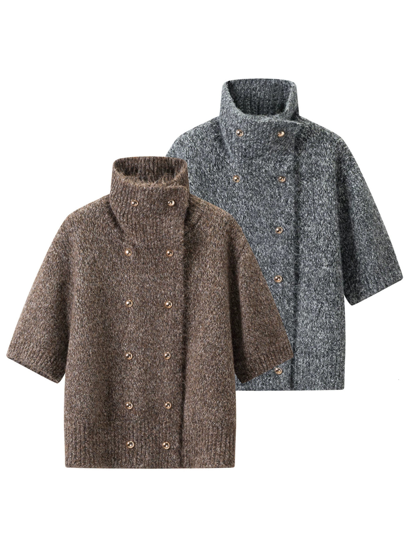 Wholesale Korean-style short-sleeved knitted cardigan for women, autumn/winter new collection, coffee-colored top, high-neck, loose-fitting sweater