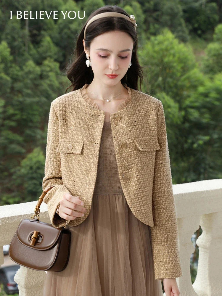 I BELIEVE YOU Tweed Short Coats for Women French Camel Wood Ear Collar Bead Autumn Retro Quality Jackets 2243185796 261014