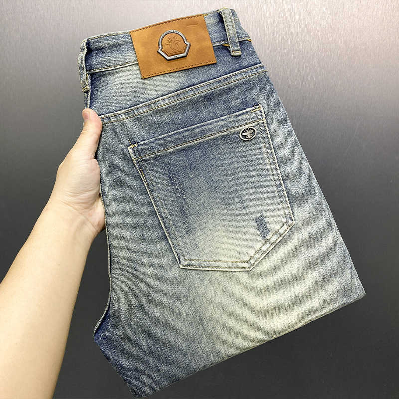 designer Men's Jeans Little Bee European-style high-end vintage wash men jeans, stretch slim straight leg, thin long pants QPFF