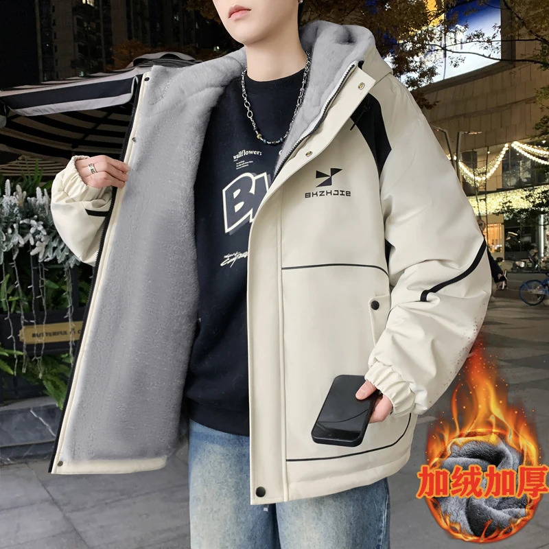 Fashion Warm Hooded Fleece Jackets 2026 Autumn Winter Men's Street Outwear Thicken Plush Padded Coat Casual Windproof Top Parkas 261013