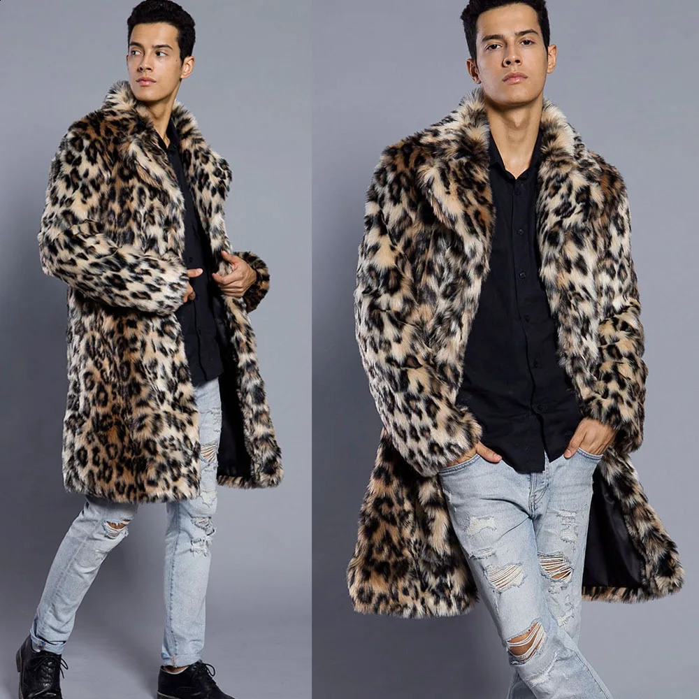 Men's Faux Fur Large Lapel Long Jacket Overcoat Mens Clothing Leopard Thick Coat 2025 Autumn Winter 261012