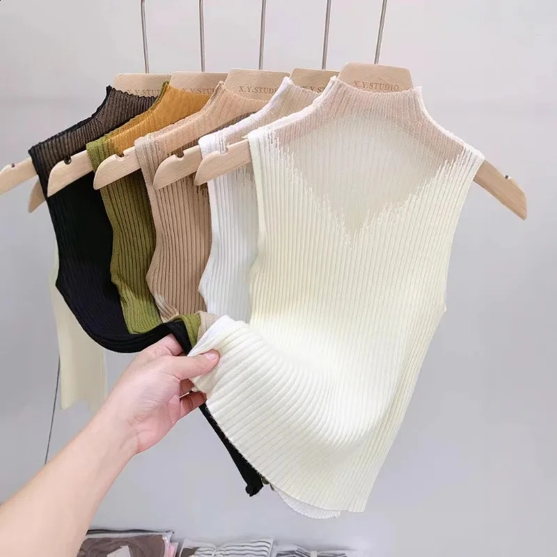 Mesh Knitted Top Women Y2K Tank Half Neck Vest Female Sleeveless Sweater Chic Cut Out Streetwear Solid Skinny Tube 261016