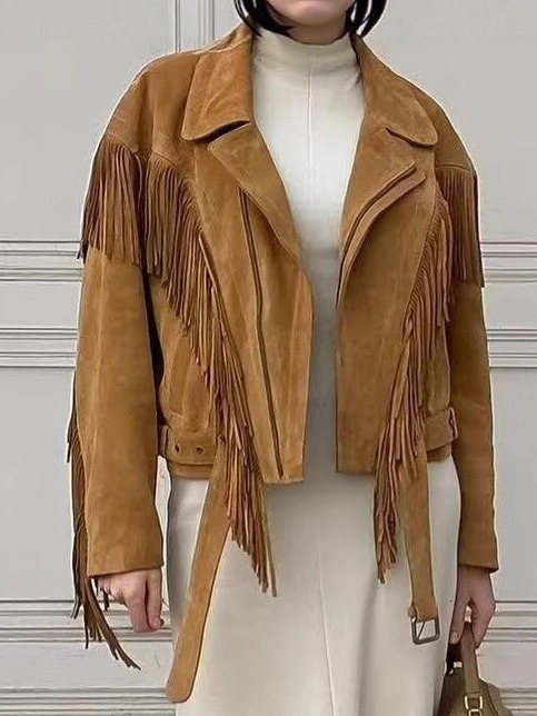 European American style 2025 autumn new women's fashion slim-fit long-sleeve short jacket with a stylish collar and tassel embellishments