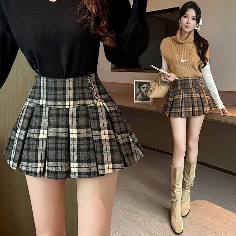 Style Skirts Women's Preppy School Korean Elegant Color Block Plaid Woolen Pleated Skirt 2026 Autumn High Waist A-Line Mini Skirt W261017
