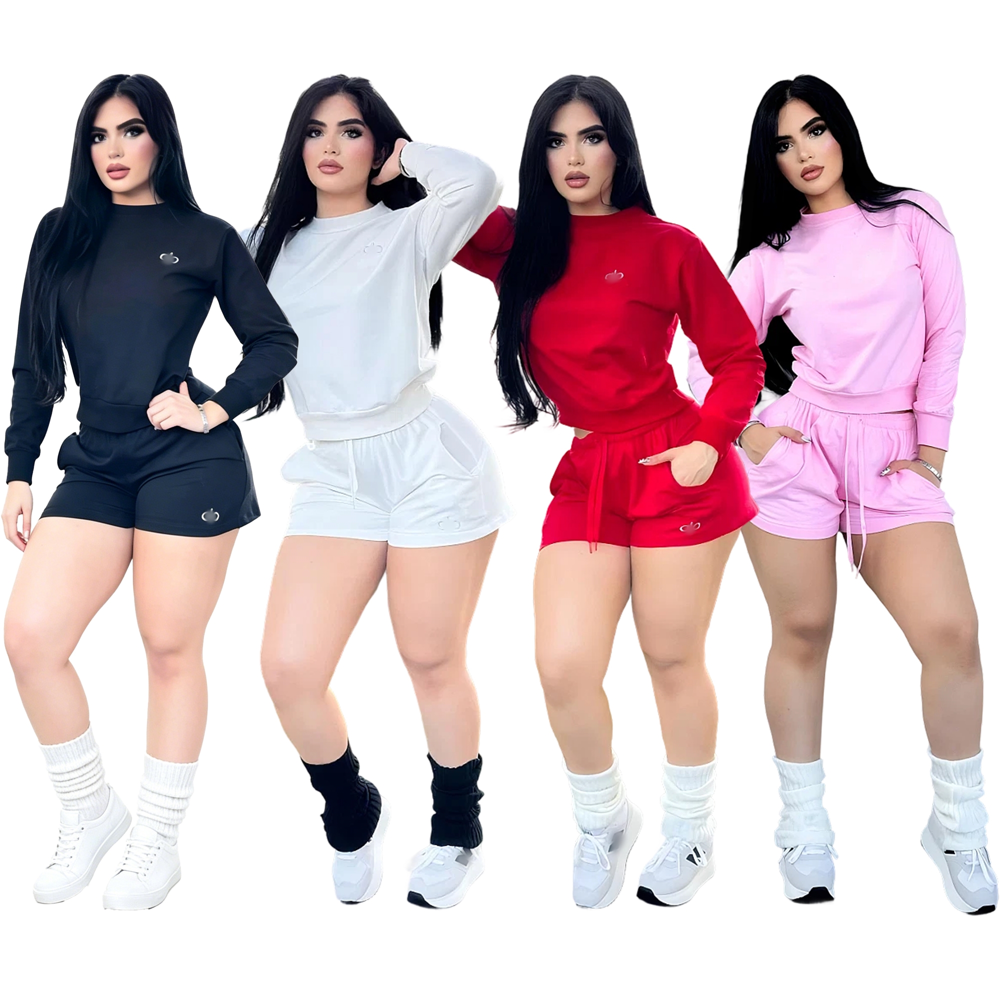 Women 2 Piece Outfit Long Sleeve Crew Neck Sweatshirt And Drawstring Shorts Set Solid Color Casual Tracksuit Jogger Outfit For Summer Fall