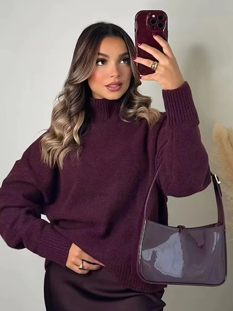 HH Women Elegant Burgundy Knitted Pullover Sweater Casual Long Sleeve Turtleneck Sweaters Autumn Female Warm Outerwear Top 261008