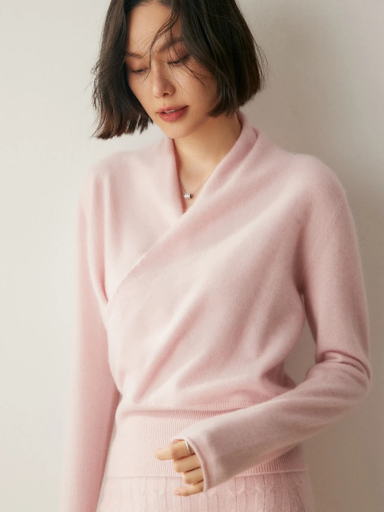 Women's 100 Cashmere Sweater Crossover Collar Pullover Office Lady Basic Grace Knitwear Autumn Winter Tops 261008