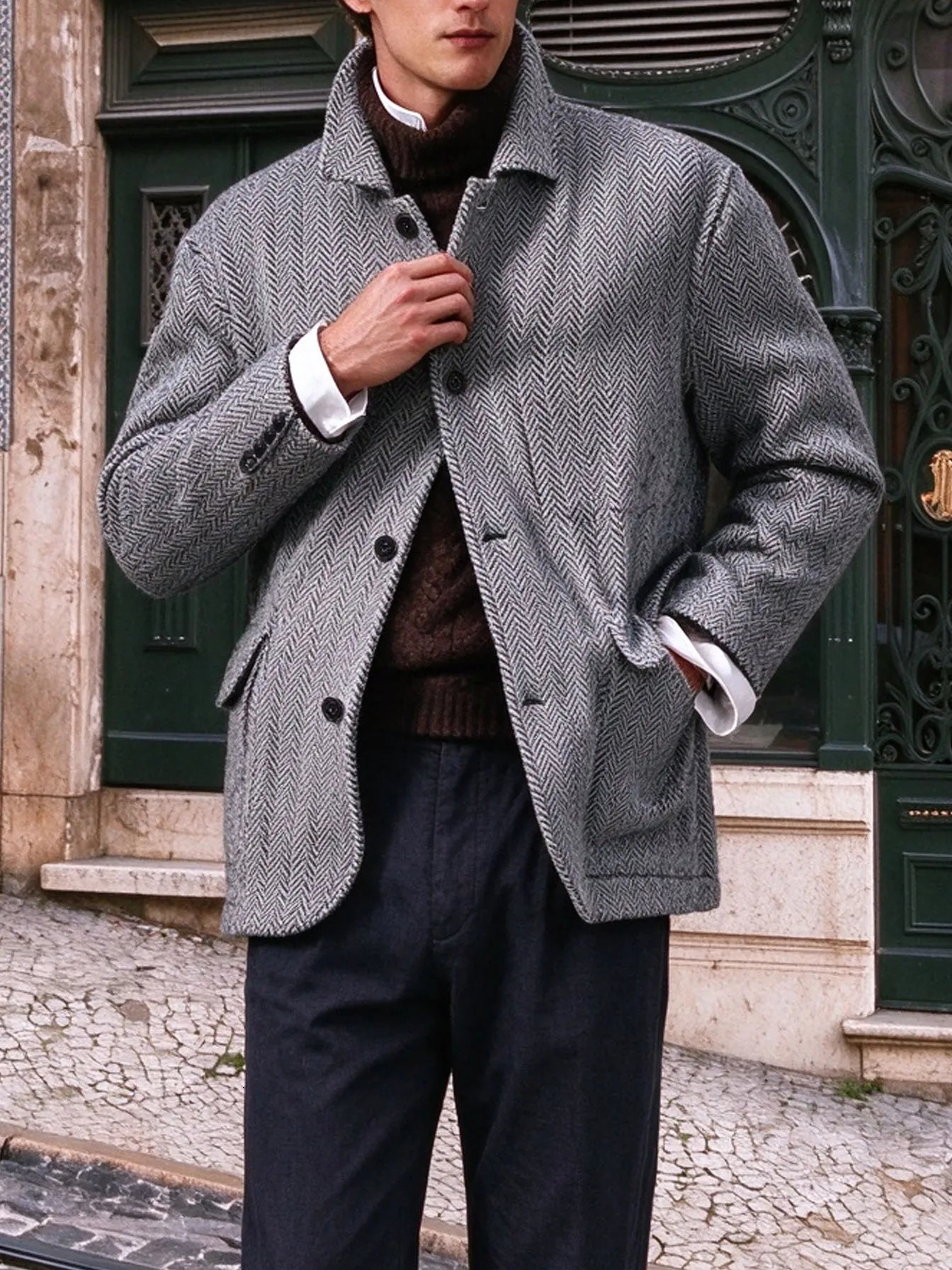 Men's Tweed Wool Blend Blazer Herringbone Vintage Lapel Single Breasted British Suit Jacket Casual Warm Sport Coat Outerwear 261014
