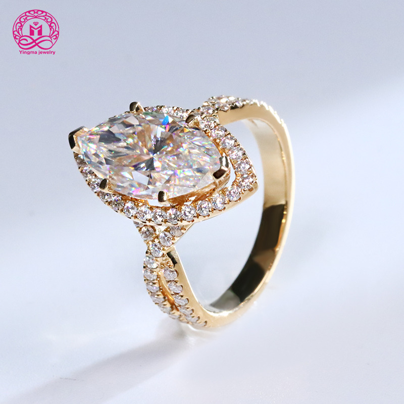 Luxury 9k 10k 14k 18k Solid Gold Moissanite Ring Marquise Cut 4Ct 15x7.5mm Moissanite Jewelry Engagement Ring for Gifts