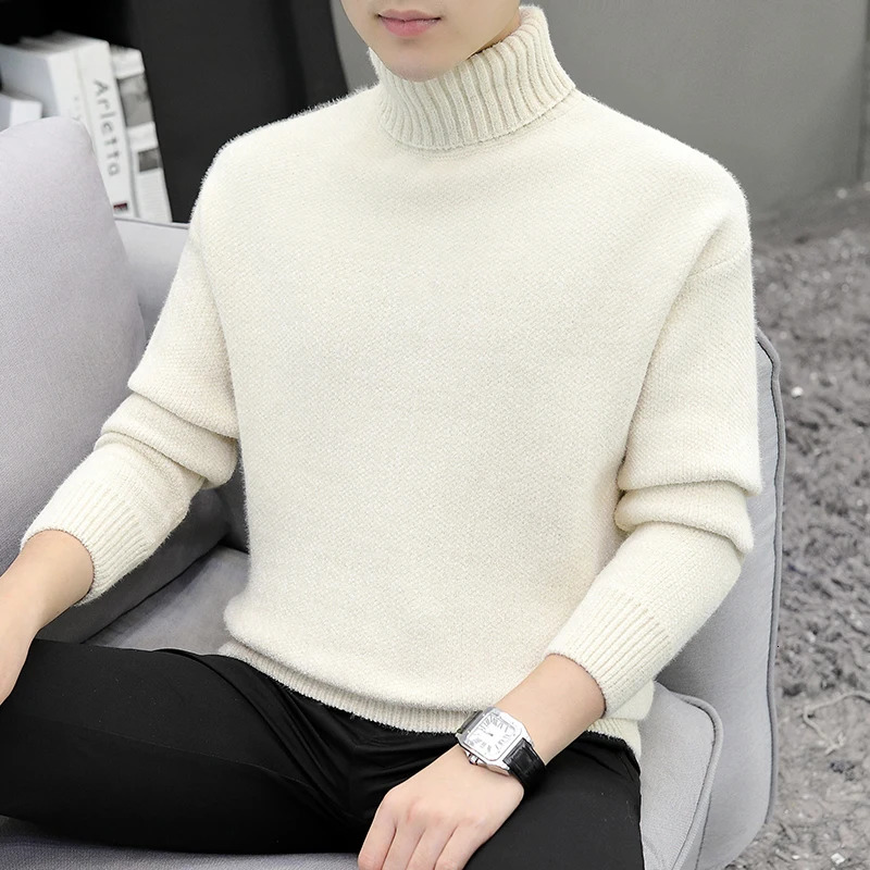 2025 Autumn Winter Turtleneck Sweater Men Youthful Vitality Solid Color Warm Knit Pullovers Mens Fashion Casual Knitted Sweaters 261009