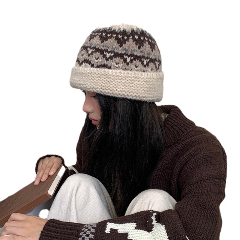 Fisherman Hat for Women Autumn and Winter Knitted Warm Retro Artistic Ethnic Style Wool Bucket Hat Outdoor Face Slimming