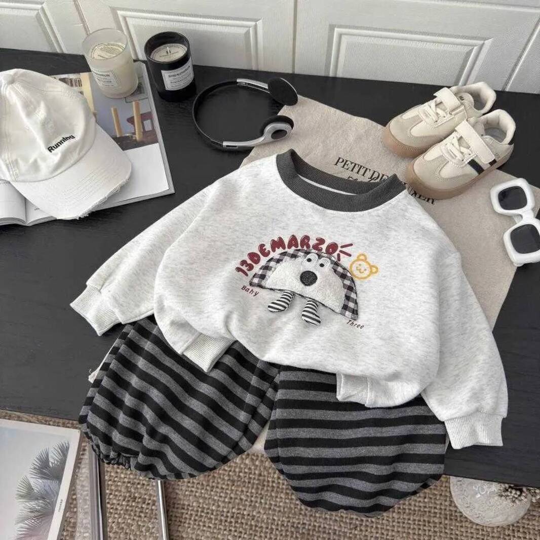 Girls Hoodie Boys Sweatshirt Striped Pants Set Spring And Autumn 2026 pullover New Casual Loose Style Two Piece Outfit For Baby Boys