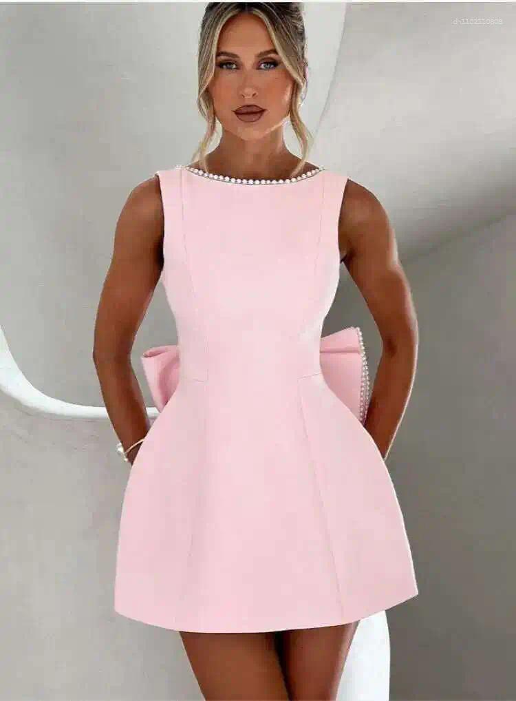 Casual Dresses Elegant Pearl Bow Backless Sexy Mini Dress Women's Luxury Party Short White Black Pink Birthday Evening Wedding