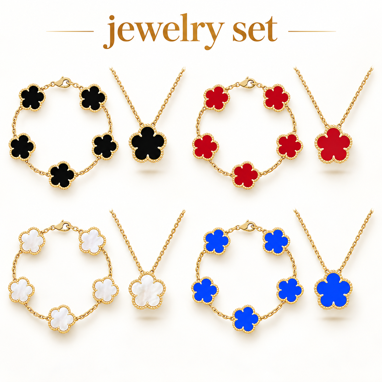 designer jewlery for women clover jewelry set necklace bracelet earring set gold jewelry flower mother of pearl jewlery designer clover designer bra