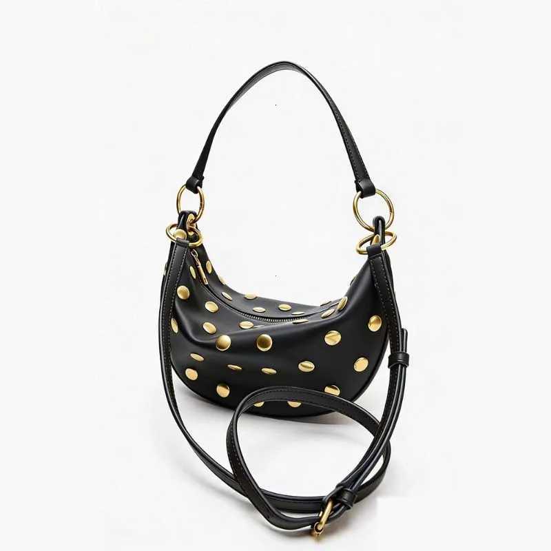 Evening Bags Vintage Gold Studs Decor Crescent Hobo Bag Pu Leather Multi-Way Shoulder Crossbody Handbag Brown Zipper Underarm Bag for H261016