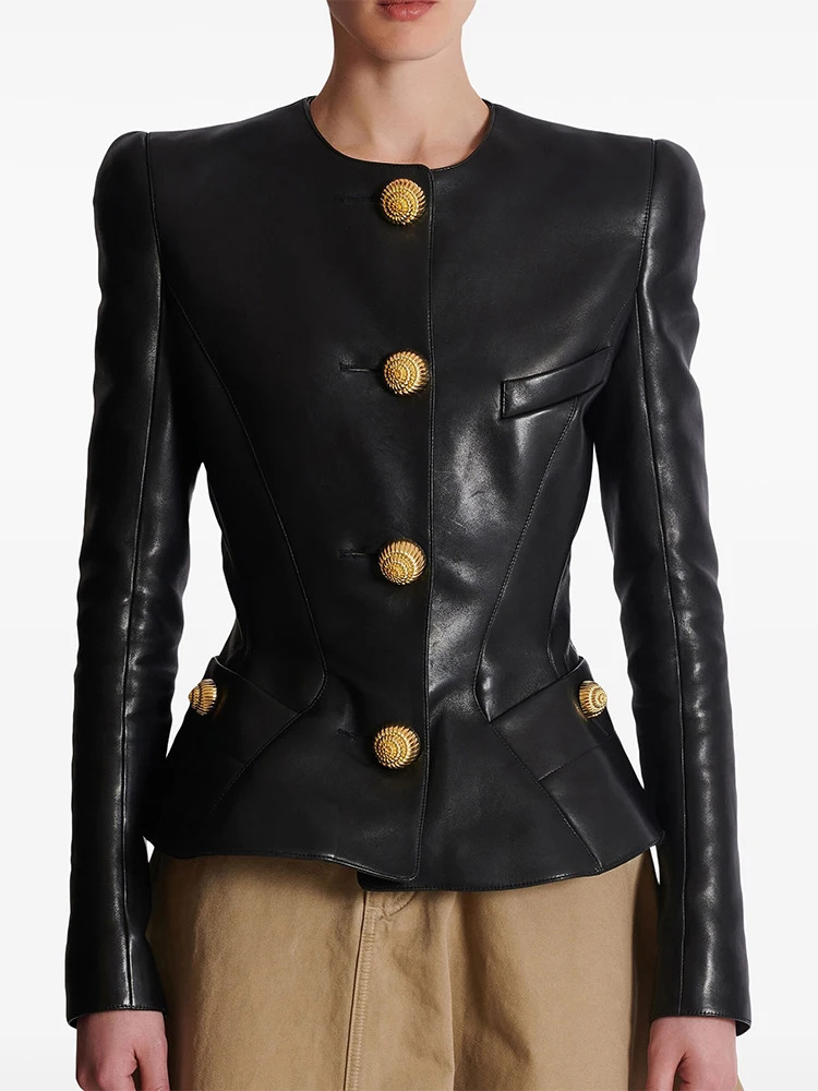 HIGH STREET est 2026 ner Jacket Women's Slim Fitting Snail Button Artificial Leather Blazer 260928