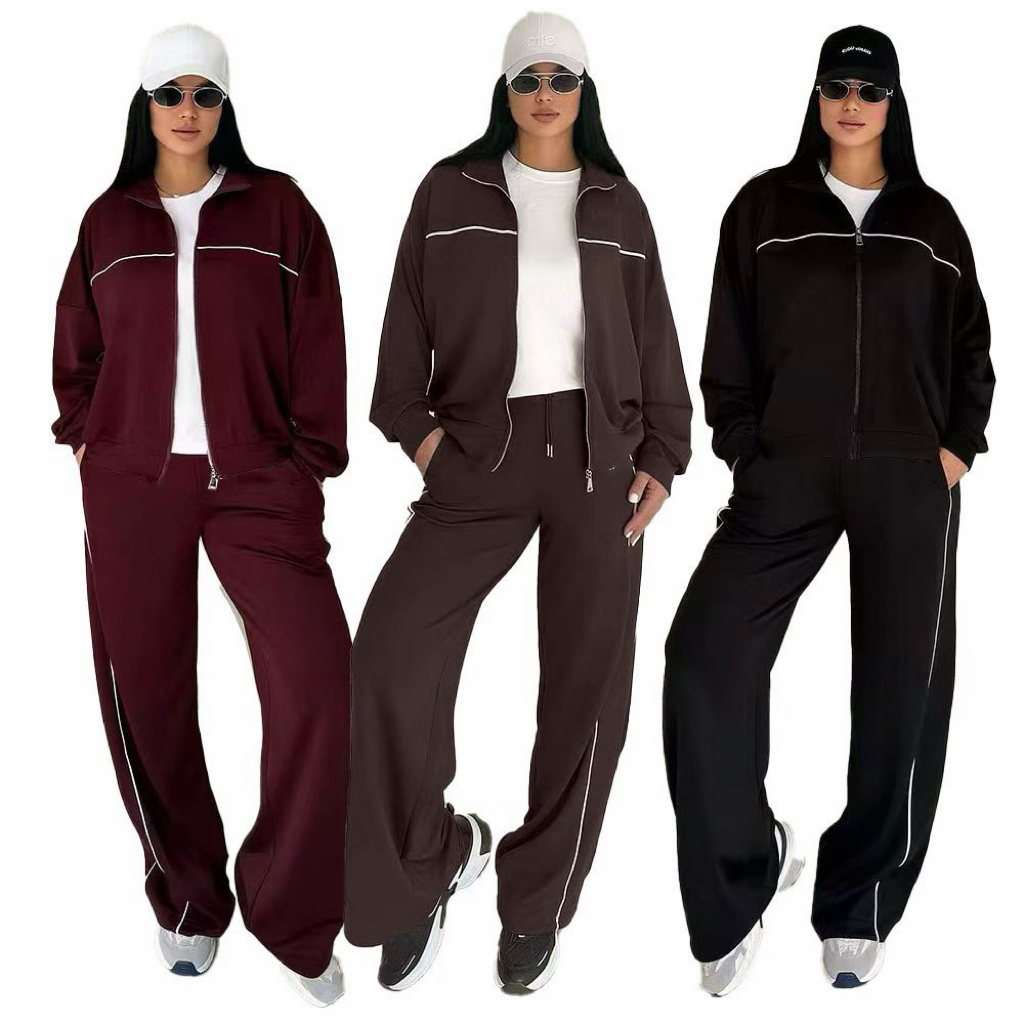 Women's Autumn Winter 2 Piece Outfit, Embroidered Wide Leg Pants Set, Elegant Casual Fashion Ladies Suit
