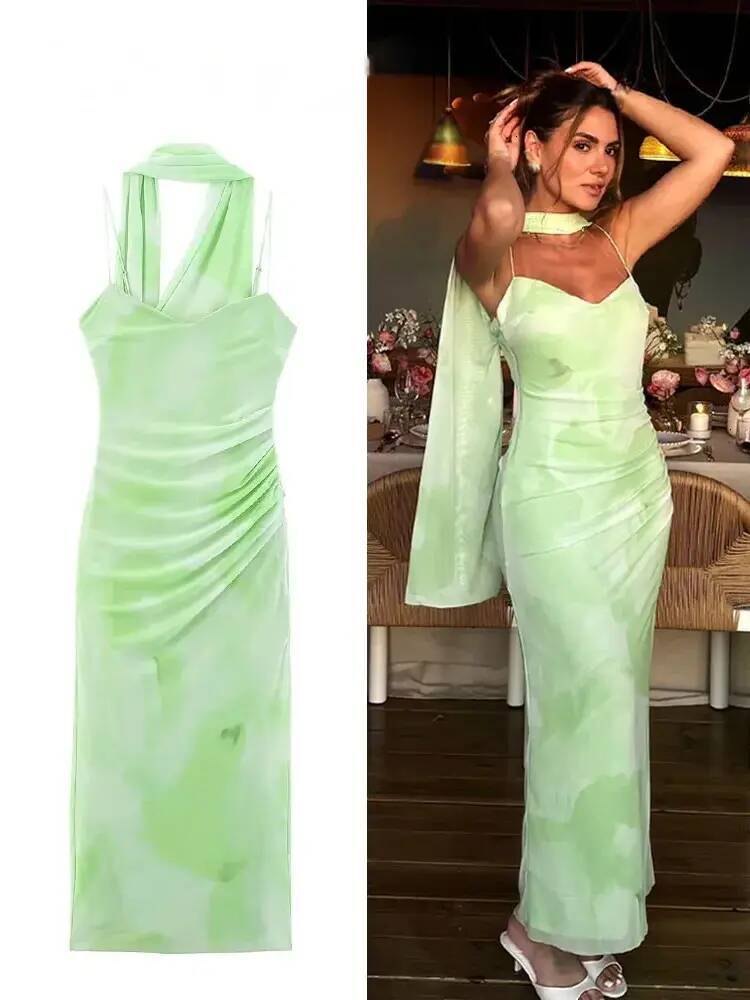 Women Casual Dress HH Womens Summer Holiday Light Green Romantic Scarf everyday Decorated Tulle Midi Dress Female Backless Slim Sexy Sling Long Ladi